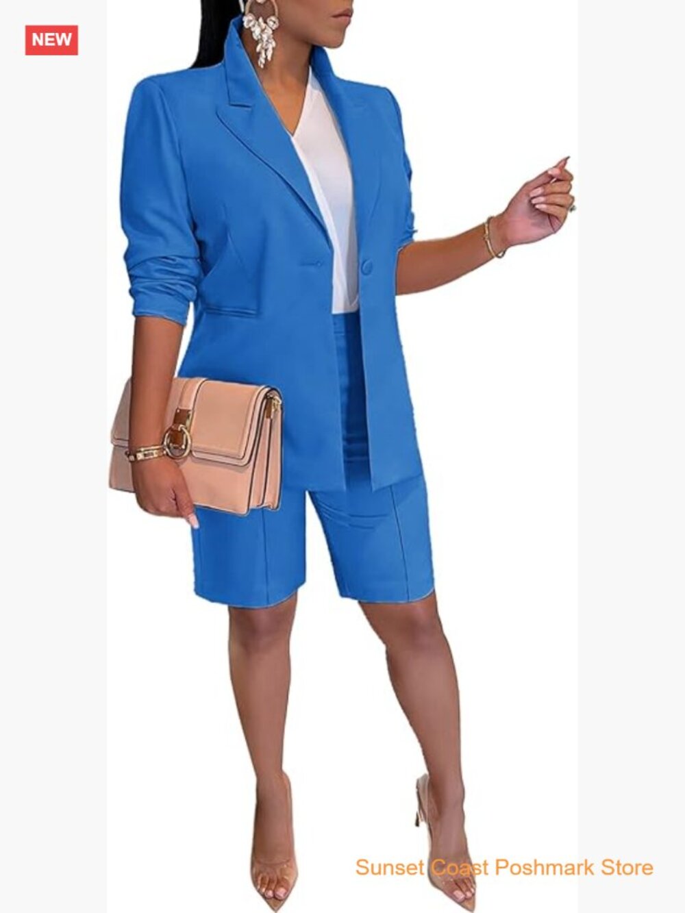 Womens 2 Piece Blazer Suit Jacket and Bermuda Shorts Set Lapels Open Front